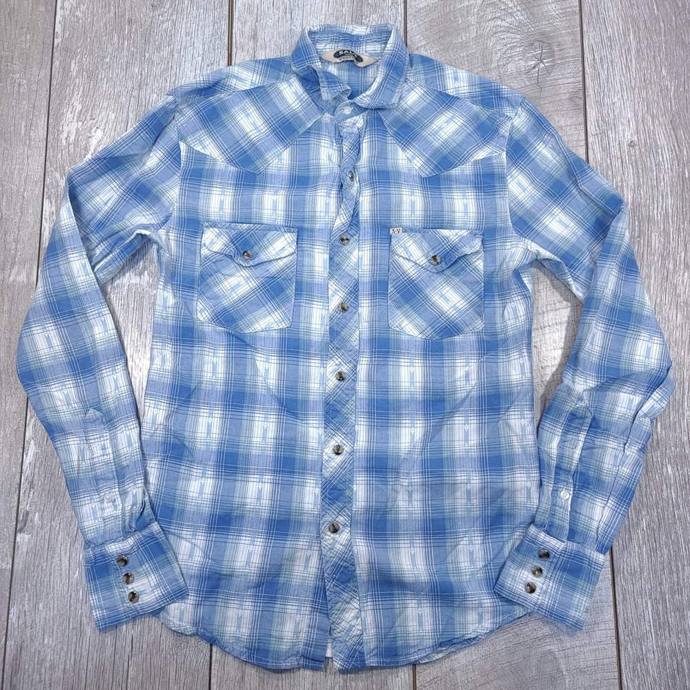 Salt Valley Western Shirt Mens XS Blue Plaid Snap Button Long Sleeve Yoke